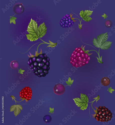 Seamless tile pattern with different berries blackberries raspberries currants
on a dark blue background