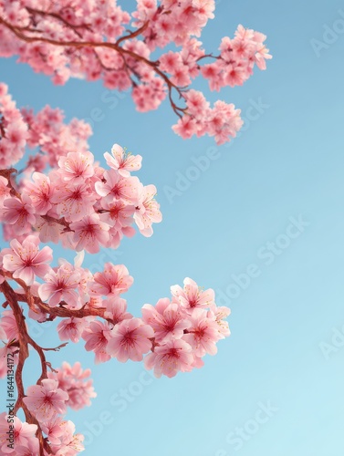 pink cherry blossom sakura tree branch in spring time and blue sky copy space