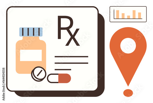 Medicine bottle, pills, Rx symbol, location pin, and bar chart imply healthcare, pharmacy, delivery, medical data analysis consultation and prescriptions. Ideal for simple flat metaphor