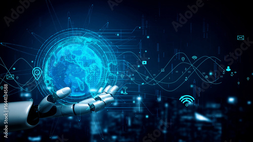 Wallpaper Mural A futuristic robot hand extends toward a glowing digital globe, surrounded by technology icons and data visualization, symbolizing innovation and global connectivity. Xenic Torontodigital.ca