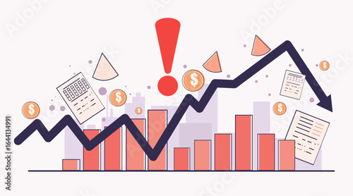 Financial crisis recession falling graph chart warning declining bar and line graph red exclamation coins documents cityscape abstract background