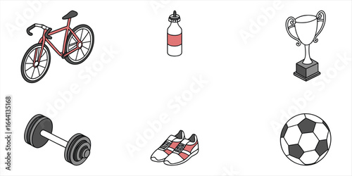 Collection of sports equipment and trophy silhouette