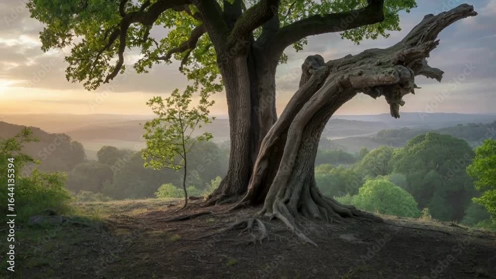Majestic Oak Tree at Sunset Overlooking Serene Valley Landscape Majestic Oak Tree at Sunset Overlooking Serene Valley Landscape
