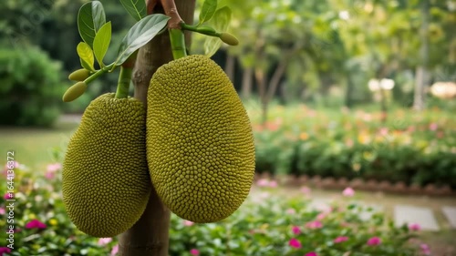 Fresh jackfruit hanging from tree branch