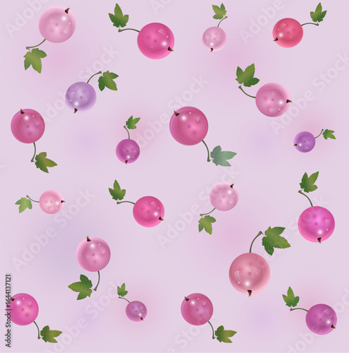 beautiful seamless tile pattern with pink transparent currant 
berries with leaf on lilac background

