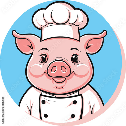 Cartoon Pig Chef Illustration Playful Graphic For Culinary Designs Food Blogs And Childrens Content Featuring A Smiling Pig Wearing A Chefs Hat And Uniform On A Blue Background