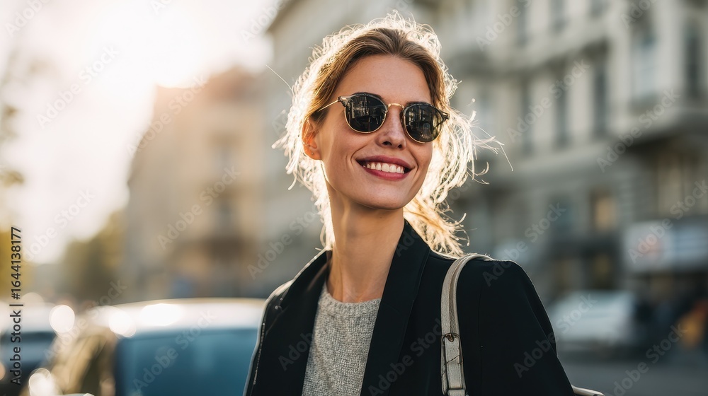 Obraz premium portrait of successful happy woman on her way to work on street confident business woman wearing blazer carrying side bag walking with a smile smiling woman wearing sunglasses and walking on street n