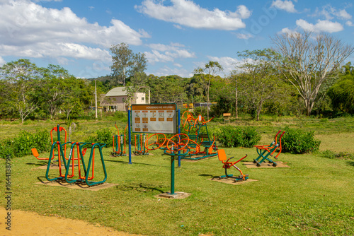 Outdoor gym for physical exercise in a public garden in the city of Guarani, state of Minas Gerais, Brazil