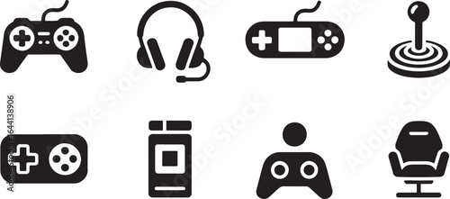 Gaming Icons Set Black Silhouette on Transparent Background Controller Headset Joystick Chair