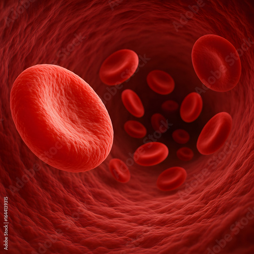 3D rendered medical illustration of red blood cells flowing inside a blood vessel, showing detailed cellular structure and vascular interior. Concept of hematology, circulation, and human anatomy.
