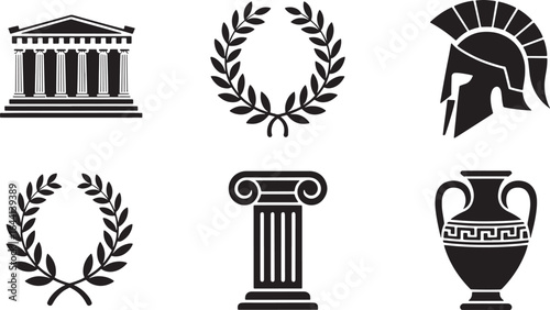 Ancient Greek Elements Collection Black Silhouette on Transparent Background Vector