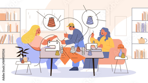 Sewing hobby group creative teamwork home interior people using sewing machines colorful threads cozy living room modern workspace