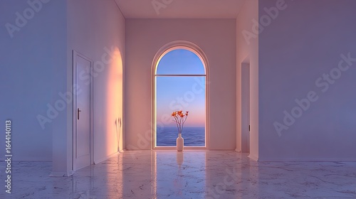 Tranquil interior with ocean view at sunset.