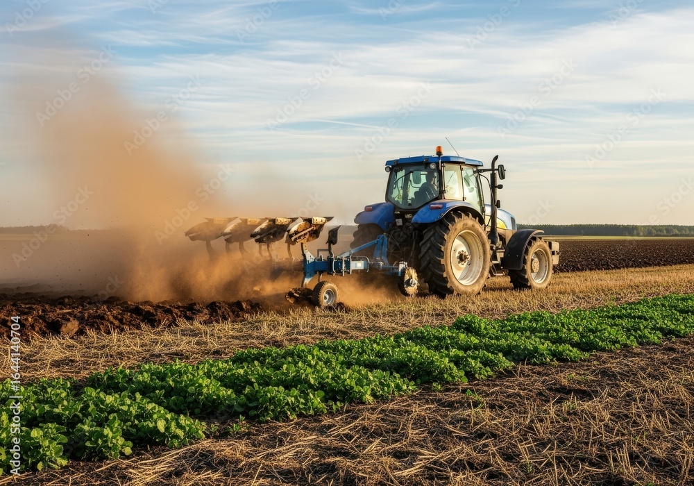 Fototapeta premium Blue tractor plowing a field creating a dust cloud during golden hour with green crops in the foreground isolated on transparent background