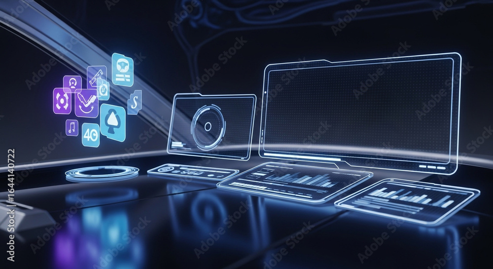 Fototapeta premium Futuristic holographic interface with glowing blue and purple neon lights displaying data and app icons on a futuristic computer screen