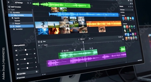 Artistic composition of a video editing application interface, showing multiple colorful sequences, audio waveforms, adjustment layers, and effects panels
