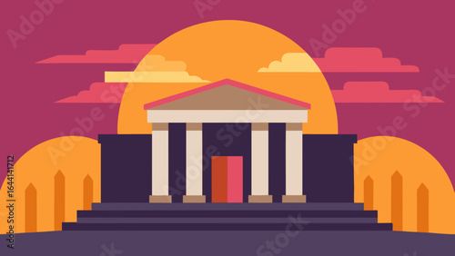 luxury headquarters with tall columns and sunrise view