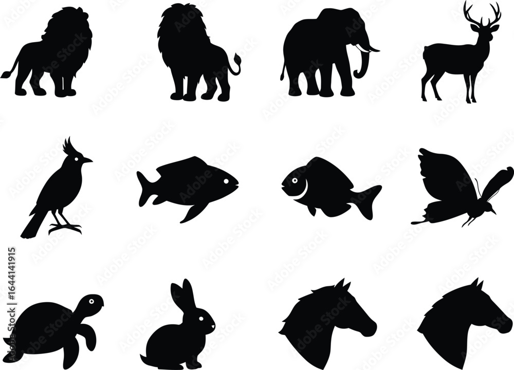 Naklejka premium Collection of Animal Silhouettes for Graphic Design, Diverse Wildlife Vector Icons for Creative Projects