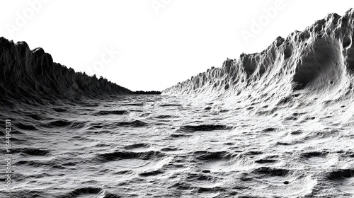 Detailed grayscale depiction of a textured, wavy landscape.