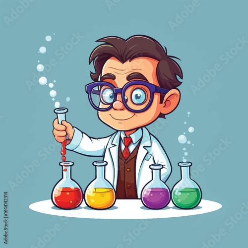 Cartoon Scientist with Beakers - Illustration for Science Education, Kids' Learning Materials, and Educational Posters, featuring a smiling character in lab coat conducting experiments.