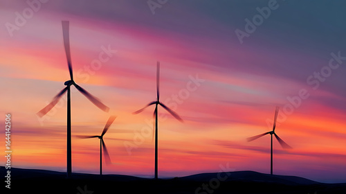 Silhouetted wind turbines spinning against a vibrant sunset sky clouds long exposure