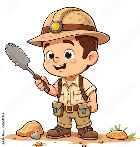 Cartoon Boy Archaeologist Illustration - Happy Explorer with Brush for Educational Materials, Children's Books, and Creative Projects in Animated Style