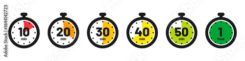 Set of timer clock faces and stopwatch icons. The countdown timer displays minutes from red to green. The stopwatch shows intervals ranging from 10 to 60 minutes. Kitchen timer icon. Vector