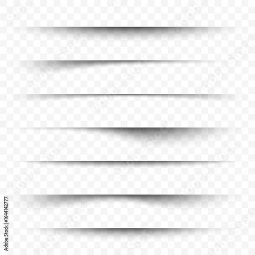 Horizontal shadow overlay effect. A set of realistic shadow strips, page dividers and edge effects. Paper drop shadow effect with 3D shaded lines on a transparent background. Vector