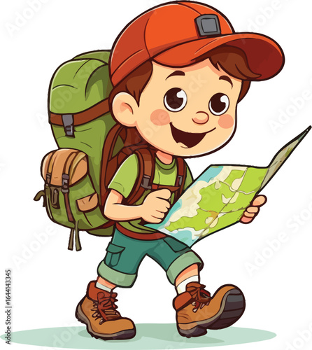 Cartoon Boy Hiker with Backpack and Map - Adventure Illustration for Children's Books, Educational Materials, and Camping Guides, showcasing bright colors and playful design.