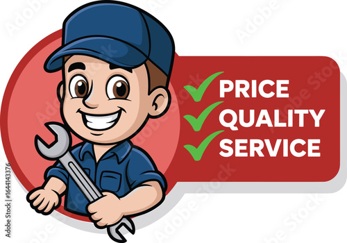 Cartoon mechanic in blue uniform and cap holding wrench, standing beside checklist box showing price, quality, service, vector illustration