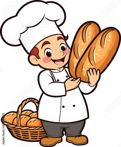 Cartoon Baker with Fresh Bread Illustration - Happy Chef Holding Loaves for Bakery Concepts, Food Designs, and Educational Resources, with a basket of rolls in the background.