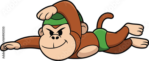 Cartoon monkey character, flying pose, green cap, green shorts, determined expression, curved tail, brown fur, vector illustration, cute animal
