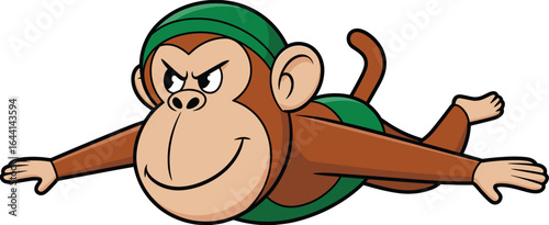 Cartoon monkey character, flying pose, green outfit, green cap, determined expression, extended limbs, superhero style, vector illustration, cute animal