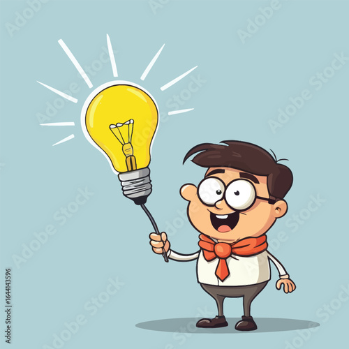 Cartoon man dressed formally holding a glowing light bulb, radiating positive energy, enthusiasm and success for creative inspiration, innovation, and problem-solving concepts, created with