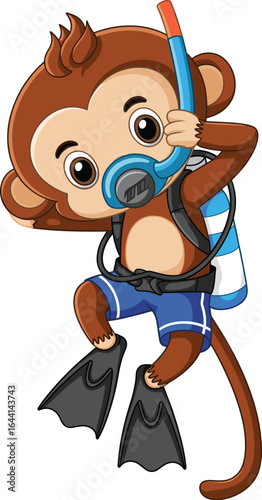 Cartoon monkey in scuba gear, snorkel mask, diving tank, flippers, blue shorts, underwater adventure theme, playful vector illustration