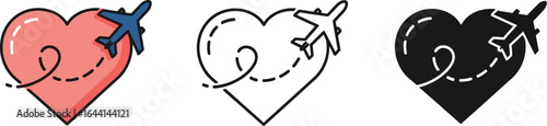Love travel airplane heart vector icon flight destination trip