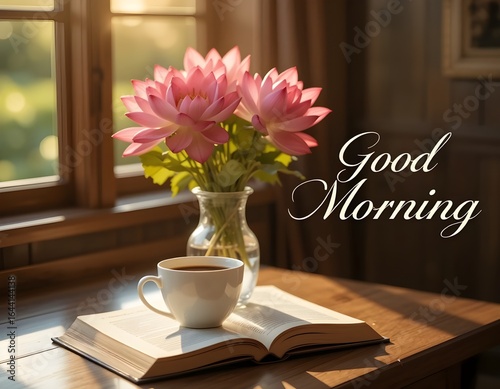 friendly morning - coffee book and flowers