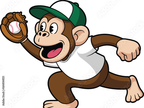 Cartoon monkey in white shirt and green cap running with baseball glove, holding ball, excited expression, vector illustration, isolated