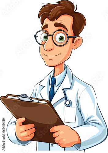 Cartoon Style Doctor Holding Clipboard - Friendly Medical Professional for Healthcare Illustration, Medical Education, and General Practitioner Concepts in a Clean, Modern Design.