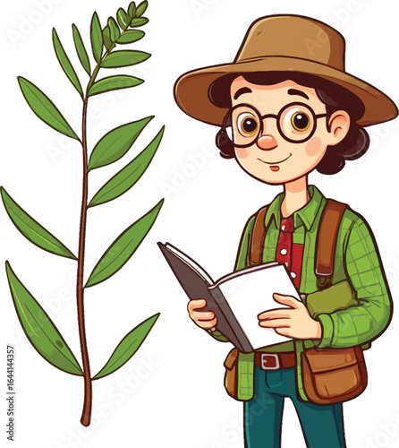 Cartoon Botanist Studying Plant - Whimsical Illustration for Educational Materials, Children's Books
