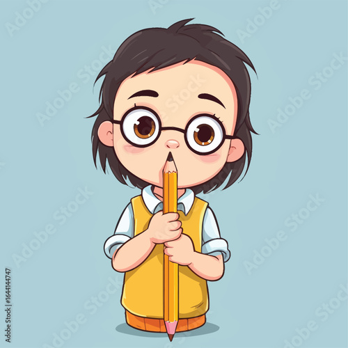 Cartoon Girl with Oversized Glasses Holding a Pencil to Her Nose - Charming Illustration for Educational Materials and Children's Content