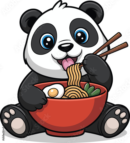 Cartoon panda eating noodles with chopsticks, red bowl with egg and vegetables, smiling expression, vector illustration, isolated on white