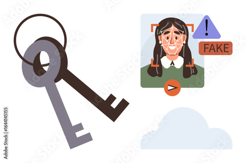 Keys and a facial recognition screen with fake alert symbol. Ideal for cybersecurity, digital identification, privacy, fraud prevention, access control, authentication, online identity protection