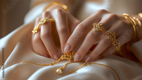 Close up jewelry on model hands with soft focus for luxury accessory showcase
