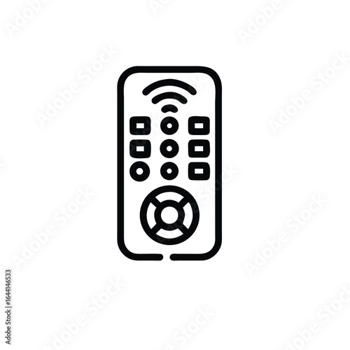 "Vector Remote Control Icon with Signal Waves – Minimalist Black and White Line Drawing of a Wireless Remote Featuring Grid of Buttons, Circular Navigation Pad, and Emitted Signal Lines – Flat Design 