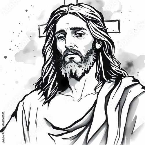 Black and white illustration of jesus christ with a cross in the background
