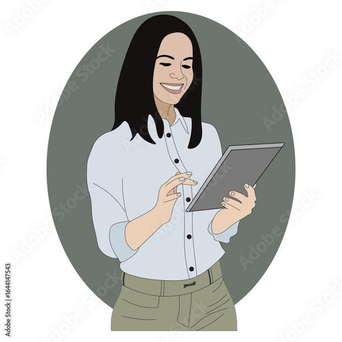 ChatGPT said:
Smiling woman using a digital tablet, dressed in a casual light shirt and green pants, standing against a gray oval background, illustration style.
