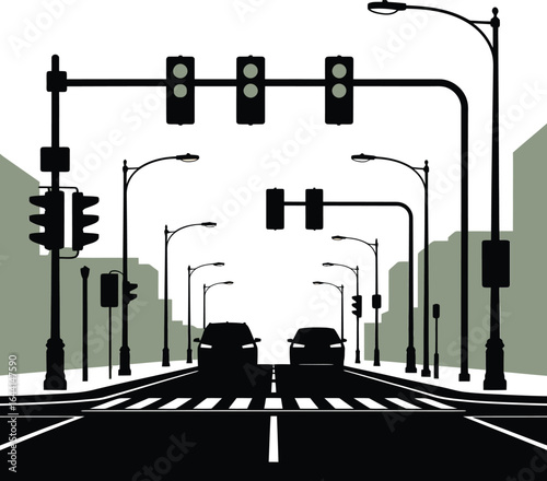 Silhouette City Road Scene with Cars Traffic Lights Urban Landscape Vector Art