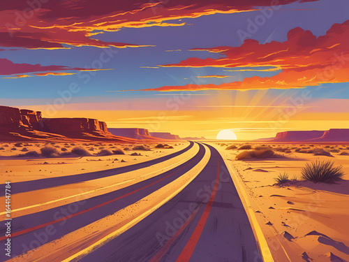 Deserted desert road with long shadows during golden hour light
