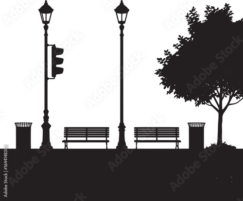Park Scene with Benches, Street Lights, Trash Cans, and a Tree Silhouette Vector